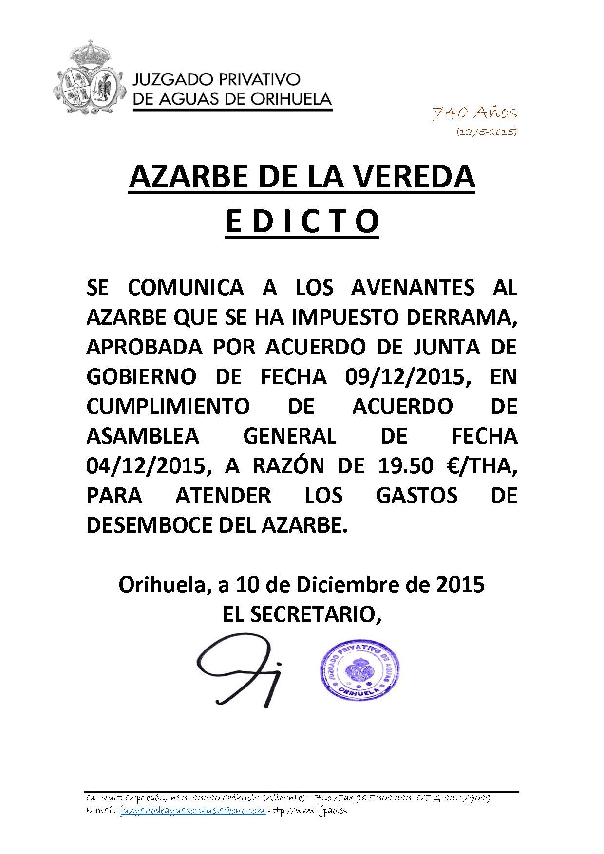 177 2015 azarbe de la vereda. edicto imposición derrama